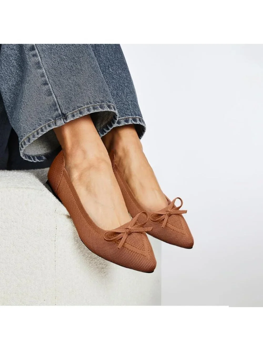Women's Brown Knit Ballet Flats Pointed Toe Bow Comfortable Dressy Shoes